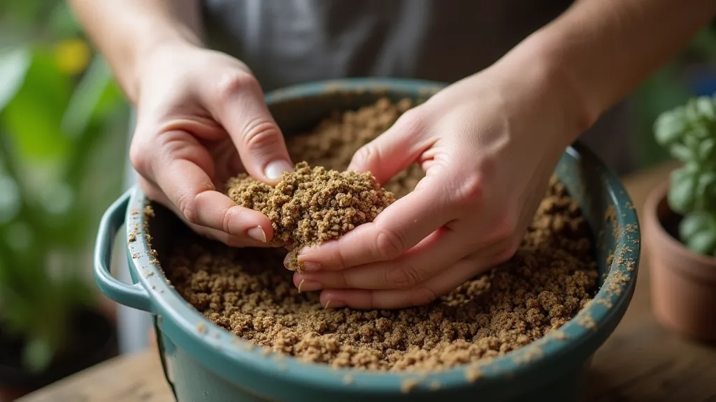 Person adding perlite to potting mix