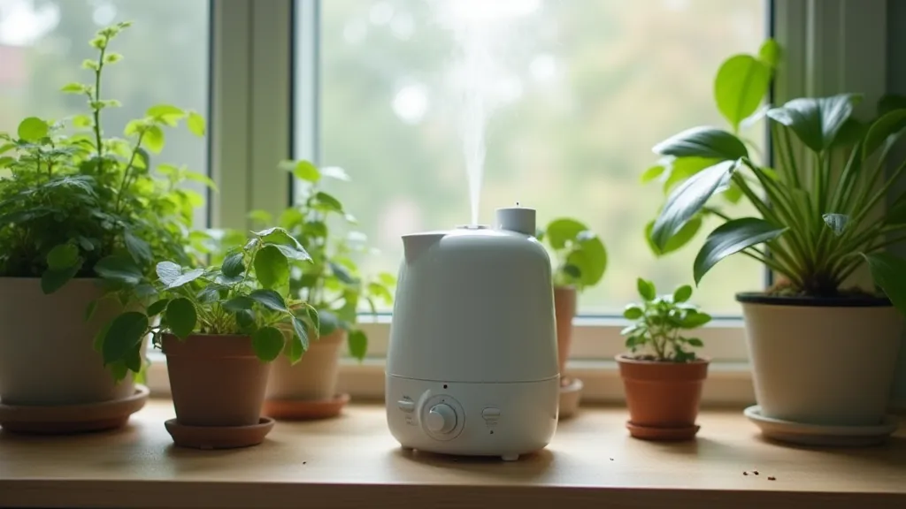Humidifier next to houseplants