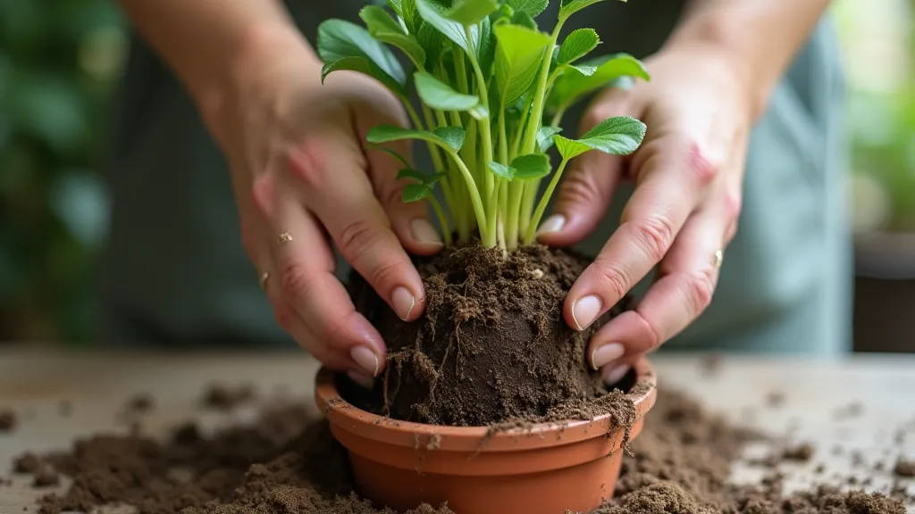 Hands gently teasing apart a plant's roots during repotting